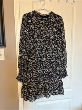 Forever New Black Floral Long-Sleeve Tiered Mini Dress